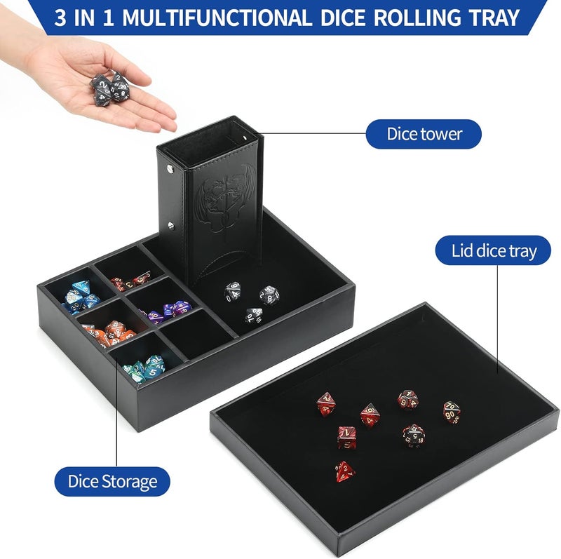 Grajar 3 in 1 Dice Tray with Lid, Portable Dice Box Storage, DND Dice Holder for Dungeons and Dragons D&D RPG MTG Table Games (Black) - Image 3
